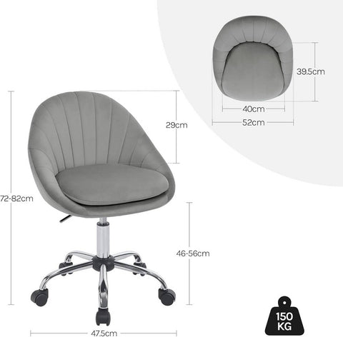 Rootz Ergonomic Office Chair - Makeup Chair - Desk Chair - Comfort & Style - Grey Velvet - 52 x (72-82) x 52 cm