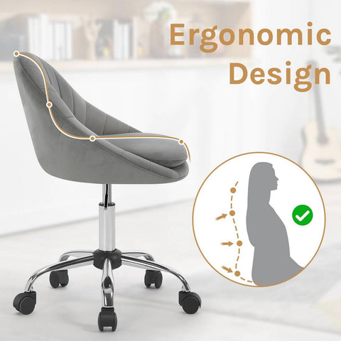 Rootz Ergonomic Office Chair - Makeup Chair - Desk Chair - Comfort & Style - Grey Velvet - 52 x (72-82) x 52 cm