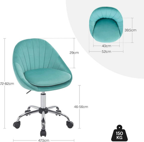 Rootz Ergonomic Office Chair - Makeup Chair - Desk Seating - 150kg Capacity - Velvet Comfort - Blue- 52cm x (72-82)cm x 52cm