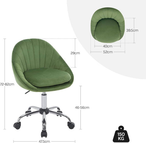 Rootz Ergonomic Office Chair - Makeup Chair - Desk Chair - Supports 150 kg - Velvet Comfort - Dimensions 52 x (72-82) x 52 cm - Stylish Green