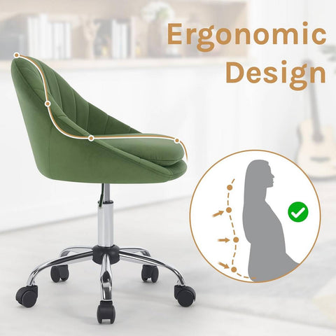 Rootz Ergonomic Office Chair - Makeup Chair - Desk Chair - Supports 150 kg - Velvet Comfort - Dimensions 52 x (72-82) x 52 cm - Stylish Green