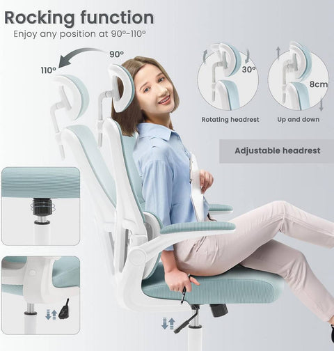 Rootz Ergonomic Office Chair - Mesh Desk Chair - Lumbar Support - Rocking Function - Adjustable Headrest - 62cm x (116-123.5)cm x 69.5cm