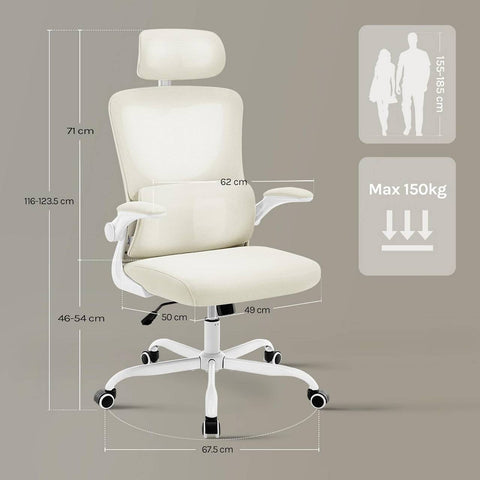 Rootz Office Chair Ergonomic - Desk Chair - Height Adjustable - Spinal Support - White- 62 x (116-123.5) x 69.5cm