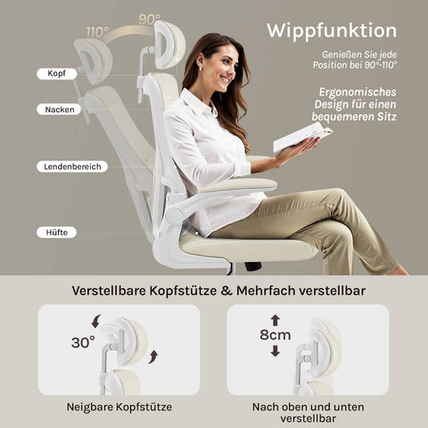 Rootz Office Chair Ergonomic - Desk Chair - Height Adjustable - Spinal Support - White- 62 x (116-123.5) x 69.5cm