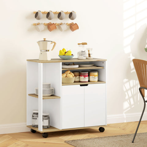Rootz Rolling Kitchen Trolley - Mobile Cart - Kitchen Island - Adjustable Shelves - Ample Storage - 80x40x82 cm - White-Brown