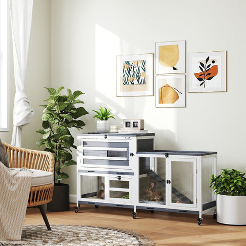 Rootz Rabbit Stable - Hutch - Bunny Enclosure - Easy Mobility - 147 x 45 x 89.5cm - Solid Wood, 2 Floors, Rollers, for 2-3 Rabbits