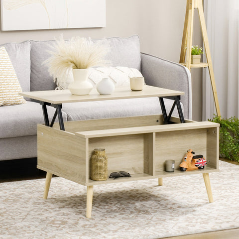 Rootz Rectangular Coffee Table - Living Room Table - Folding Tray Table - Practical Storage Space - 85L x 60W x 59.5H cm Light Wood Look