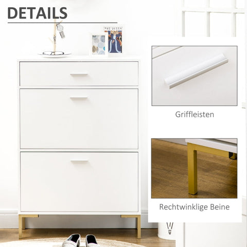 Rootz Schoenenkast met 2 kantelladen - Schoenenopberger - Halorganisator - Ruimte voor 12 paar - Verstelbare planken - 76 cm x 26 cm x 110 cm - Wit + Goud