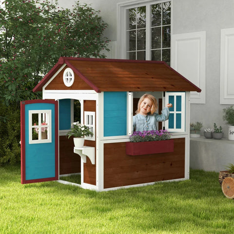 Rootz Children's Playhouse - Wooden Playhouse - Weatherproof - Flower Boxes - Fir Wood - Brown+Blue+White+Red - 114L x 126.4W x 135H cm