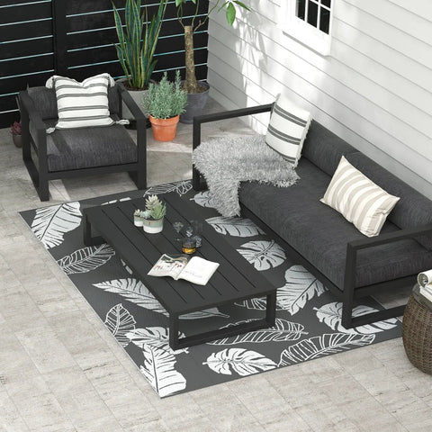 Rootz Outdoor Reversible Carpet - Patio Rug - Weather Resistant - Modern Design - Leaf Pattern - Grey + White - 182x274cm
