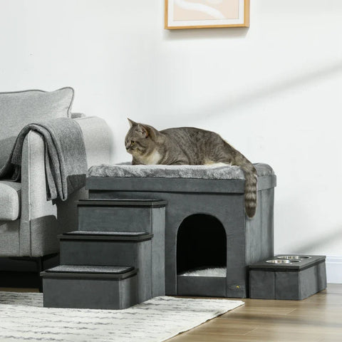 Rootz Cat House - Cat Cave - Cat Bed - 3 Pet Stairs - 2 Food Bowls - Chipboard - Polyester - Gray - 70 x 50 x 51 cm