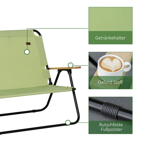 Rootz 2-Seater Camping Chair - Foldable Deck Chair - Outdoor Fishing Chair with Cup Holder - Durable Steel & Oxford Fabric - 141cm x 67cm x 80cm