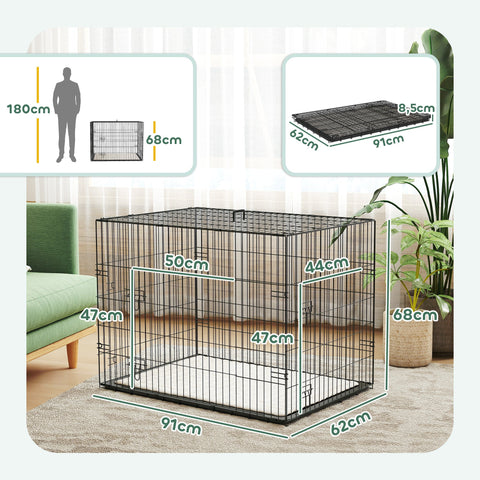 Rootz Dog Cage - Transport Cage - Foldable Dog Carrier - Safe Locks - 91cm x 62cm x 68cm - Black