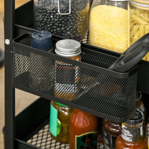 Rootz 3 Tier Metal Serving Trolley - Kitchen Cart - Utility Trolley - 2 Cutlery Racks - 51.5L x 32W x 75.6H cm - Black