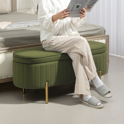 Rootz Bench with Storage - Upholstered Seat - Velvet Bench - Comfortable & Elegant - 108cm x 44cm x 43.5cm - Green & Gold