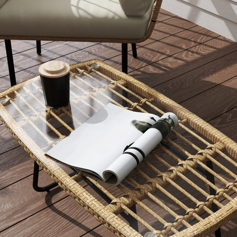 Rootz Poly Rattan Garden Table - UV-Resistant Side Table - Outdoor Coffee Table - Elegant Glass Top - 90 x 50 x 45 cm