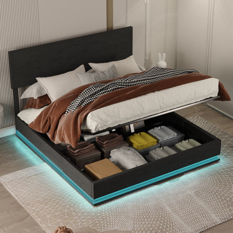 Rootz Double Bed Frame - Storage Bed - Velvet Bed - LED Lighting - USB Charging - 211cm x 153cm x 113cm