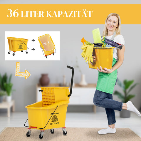 Rootz 36L Wheeled Cleaning Bucket - Mop Trolley - Mop Caddy - Quick Wring Efficiency - 55cm x 37cm x 65cm