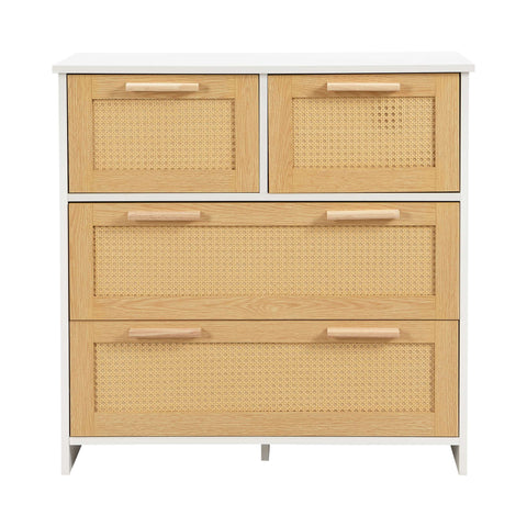 Rootz High-Quality Rattan Cabinet - 4 Drawer Storage - Solid Wood Handles - Durable & Stylish - 80L x 80W x 38H cm