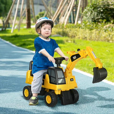 Rootz Children's Excavator - Ride-on - Operable Shovel - Anti-tip - Non-slip Wheels - Yellow + Black - 85 x 27.5 x 47.5 cm