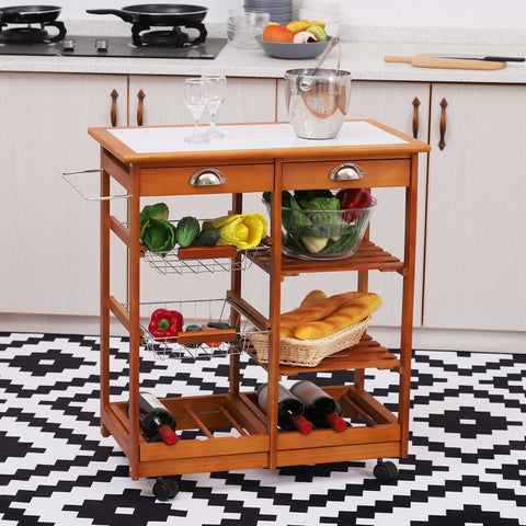 Rootz Wooden Serving Trolley - Kitchen Cart - Mobile Kitchen Island - Ample Storage - High-Quality Materials - Easy Mobility - 74cm x 37cm x 76cm