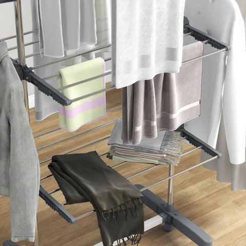 Rootz Clothes Drying Rack - Clothes Airer - Tumble Dryer - 5 levels - Foldable - One-click System - Stainless Steel - Gray - Silver - 142L × 55W × 172H cm
