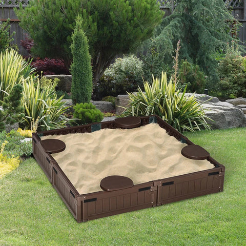 Rootz Sandpit with Cover & Groundsheet - Tarpaulin - Ground Spikes - Modular Design - 4 Seats - Brown - 1.23L x 1.23W Cm