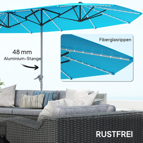 Rootz Double Umbrella - Terrace Sunshade - Blue Parasol - Solar Lights, UV-Resistant, UPF50+ Protection - 451cm x 267cm x 249cm