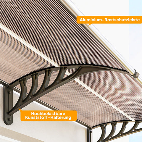 Rootz Canopy for Front Door/Window - Weatherproof Awning - UV Protection Cover - Aluminum/Polycarbonate - 303cm x 96cm x 27cm - Black/Brown