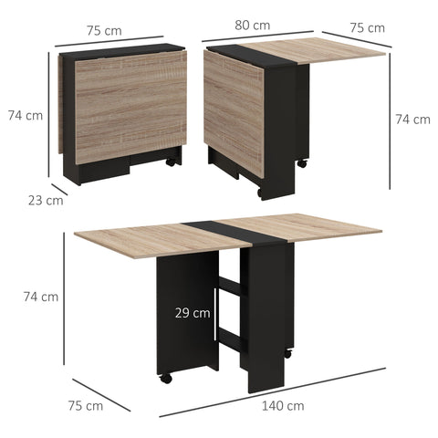 Rootz Foldable Table - Kitchen & Dining Table - Rolling Dining Console - Easy Storage - 75 x 140 x 74 cm, Brown & Black