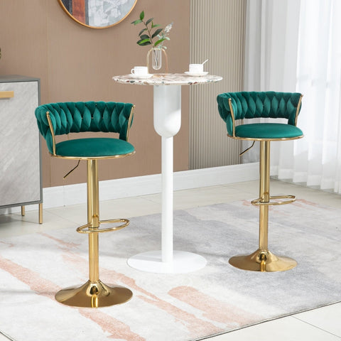 Rootz Adjustable Velvet Bar Stools - Swivel Stools - Ergonomic Seating - Gold Base - 54cm x 48cm x 78cm - Promotes Posture & Comfort