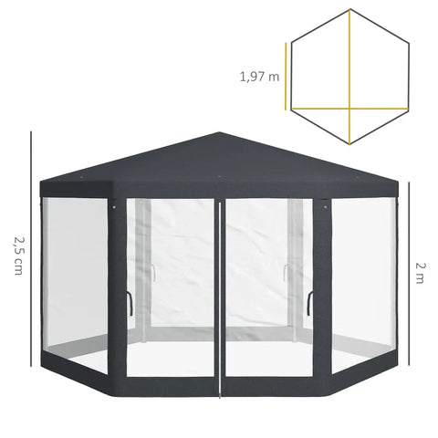 Rootz Gazebo - Garden Pavilion - Hexagonal - Ground Spikes - Mesh Curtains - Metal Frame - Polyester - Metal - Dark Gray - L394 x W341.2 x H250 cm