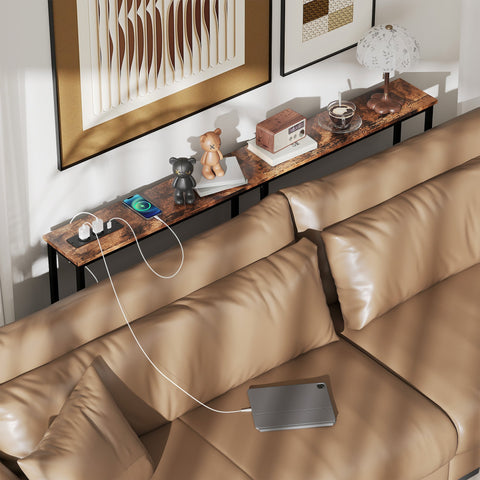 Rootz Slim Console Table with Charging Station - Industrial Side Table - Narrow Hallway Table - Built-in Charging Ports - 160cm x 80cm