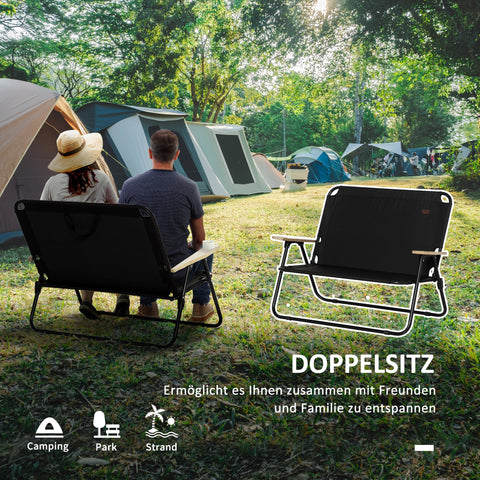 Rootz 2-Seater Foldable Camping Chair - Portable Deck Chair - Outdoor Camp Seat - Built-In Cup Holder - 141 x 67 x 80 cm - Black