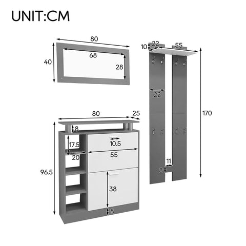 Rootz Wall-Mounted Coat Rack Set - Entrance Organizer - Space-Saving Storage - 80x25x96.5cm Shoe Cabinet - 8 Hooks - Mirror 80x40cm - Anthracite Gray