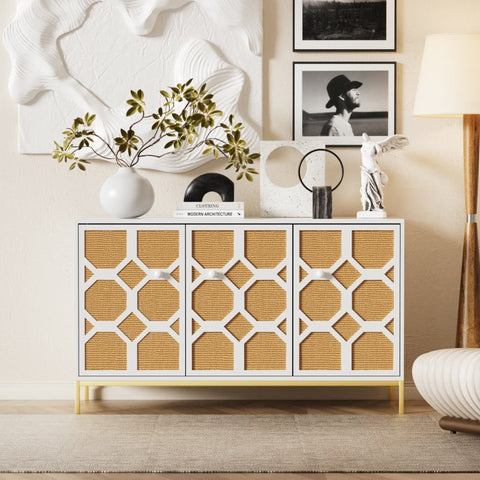 Rootz 3 Door Sideboard Cabinet - Storage Unit - Rattan Buffet - Adjustable Shelves - Stylish Gold Feet - 120L x 40W x 71.5H cm