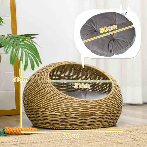 Rootz Rattan Cat House - Cat Basket - Cozy Cat Bed - Washable Cushion - PE Rattan - 50cm x 31cm - Stylish Design