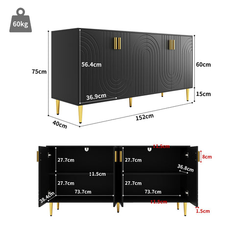 Rootz Black Sideboard - Buffet Table - Storage Cabinet - Unique Shaft Design - Elegant Dining Room Addition - 152cm x 40cm x 75cm