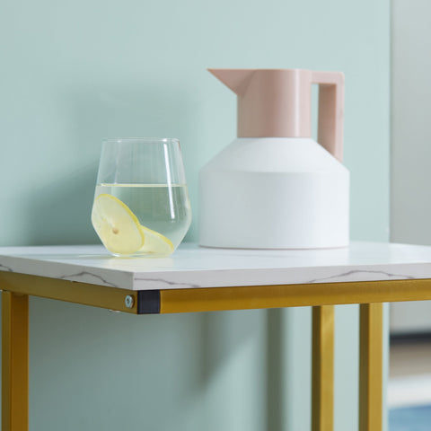 Rootz NeoRetro Side Table - Coffee Table - Bedside Table - Elegant Design - 45cm x 40cm x 61.5cm - Golden Steel & Marble Effect