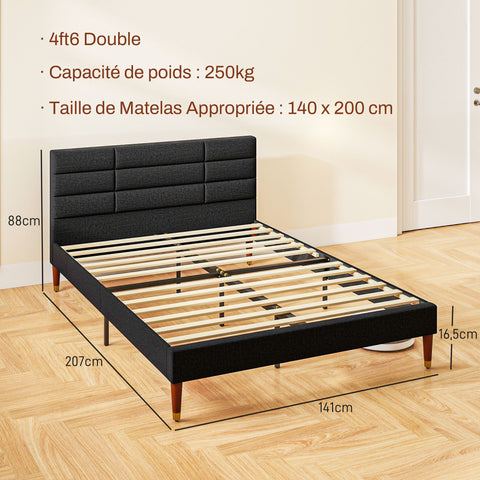 Rootz Double Bed Frame - Slatted Bed - Padded Headboard - Supports Up to 250kg - 141cm x 207cm x 88cm - Ideal for Restful Sleep