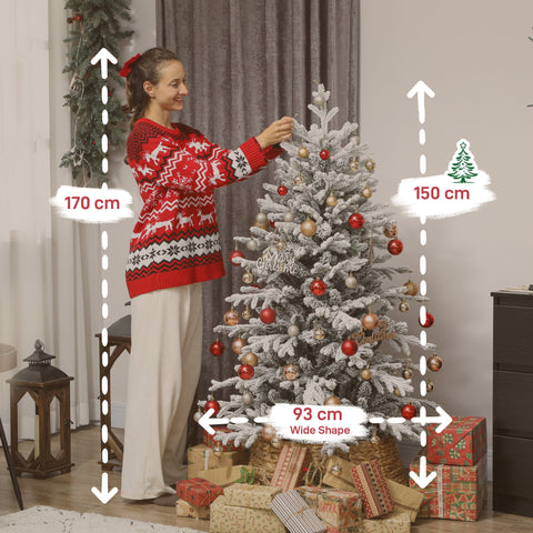 Rootz 150cm Artificial Christmas Tree - Snowy Xmas Tree - Flocked Pine - Realistic & Safe - Easy Assembly - 1162 Tips - Ø93 x 150H cm