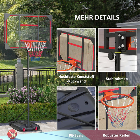 Rootz Children's Basketball Basket - Outdoor Basket - Adjustable Hoop - Height 210-260 cm, Mobile with Wheels, Red - 82cm x 2cm x 53cm