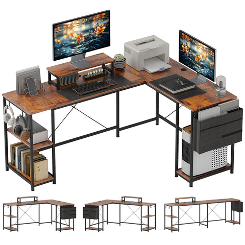 Rootz L-shaped Desk - Versatile Office Table - Ergonomic Monitor Stand - Adjustable Shelves - 168cm x 120cm x 90cm