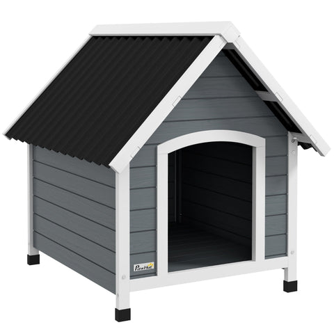 Rootz Medium Dog House - Wooden Pet Shelter - Weatherproof Canine Cabin - Raised Design - Corrugated Plastic Roof - 75cm x 88cm x 82cm