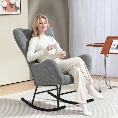 Rootz Rocking Chair - Fluffy Lounge Chair - Non-Slip Recliner - Luxurious Comfort - 67cm x 95cm x 100cm - Grey