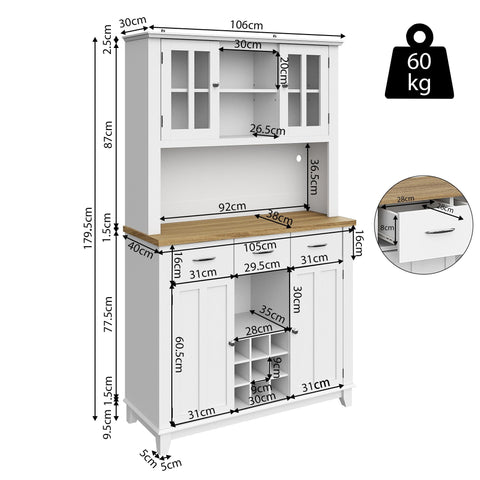 Rootz Kitchen Cabinet with LED Lighting - Tall Cabinet - Adjustable Shelves - Stylish Storage - 106cm x 40cm x 179.5cm