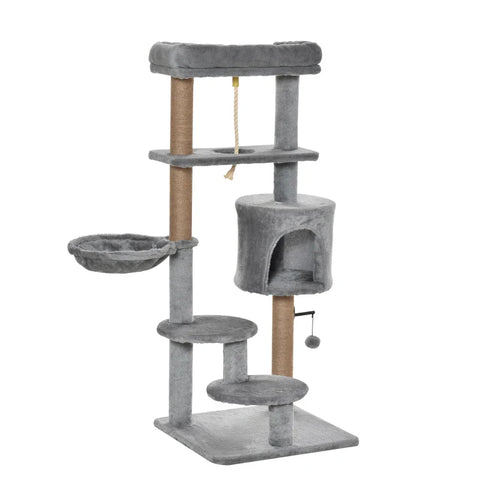 Rootz Scratching Post - Cat Tree - 1 Cat Cave - Cat Bed - 1 Hammock - Including Toys - Chipboard - Light Gray - 48cm x 48cm x 120cm