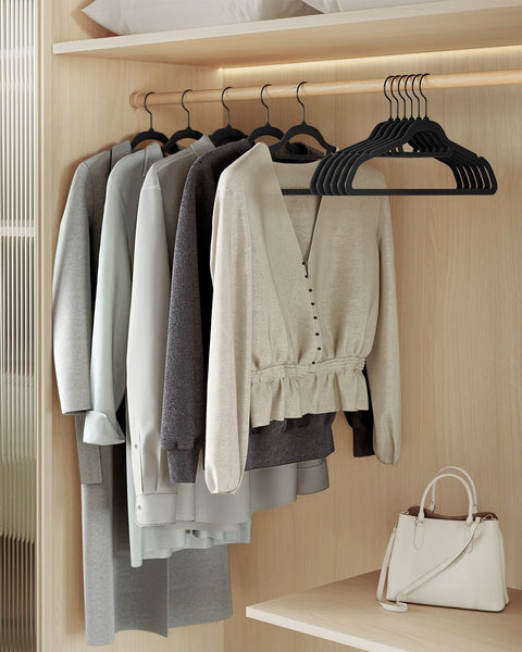 Rootz 50 Pack Black Clothes Hangers - Velvet Hangers - Space-Saving Hangers - Supports Up to 5kg - 43.5cm x 22.5cm