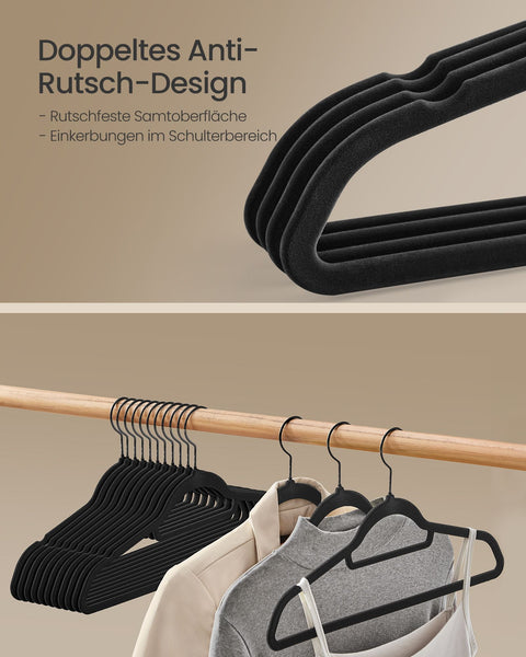 Rootz 50 Pack Black Clothes Hangers - Velvet Hangers - Space-Saving Hangers - Supports Up to 5kg - 43.5cm x 22.5cm