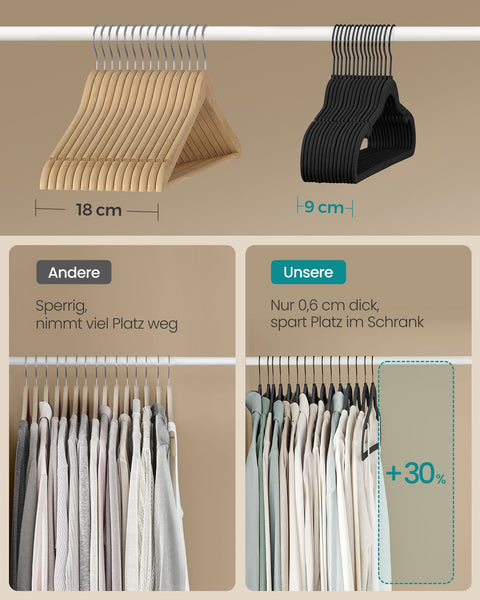Rootz 50 Pack Black Clothes Hangers - Velvet Hangers - Space-Saving Hangers - Supports Up to 5kg - 43.5cm x 22.5cm